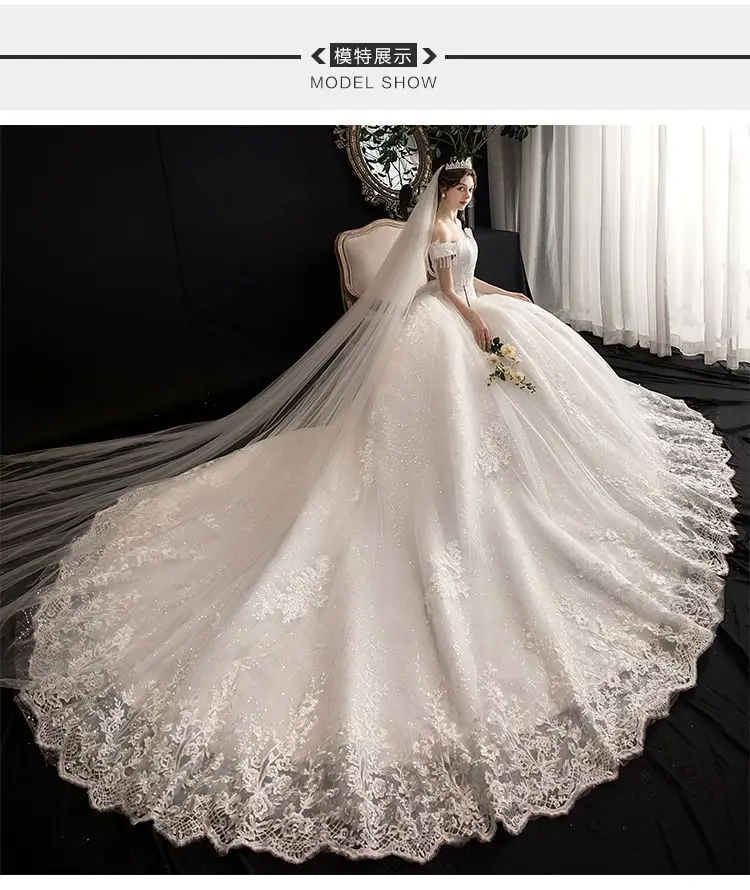 The main wedding dress, the new bride's one-shoulder shoulder is thin, and the luxury French super fairy starry sky long trailin