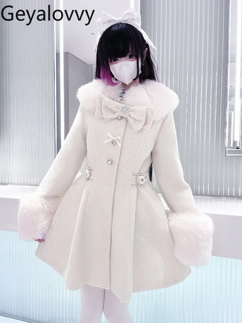 เสื้อโค้ทขนสัตว์แบบยาวปานกลาง ดีไซน์ดั้งเดิม ผลิตจำนวนมาก แต่งโบว์ เอวสูง ทรงเข้ารูป สไตล์ญี่ปุ่น น่ารัก