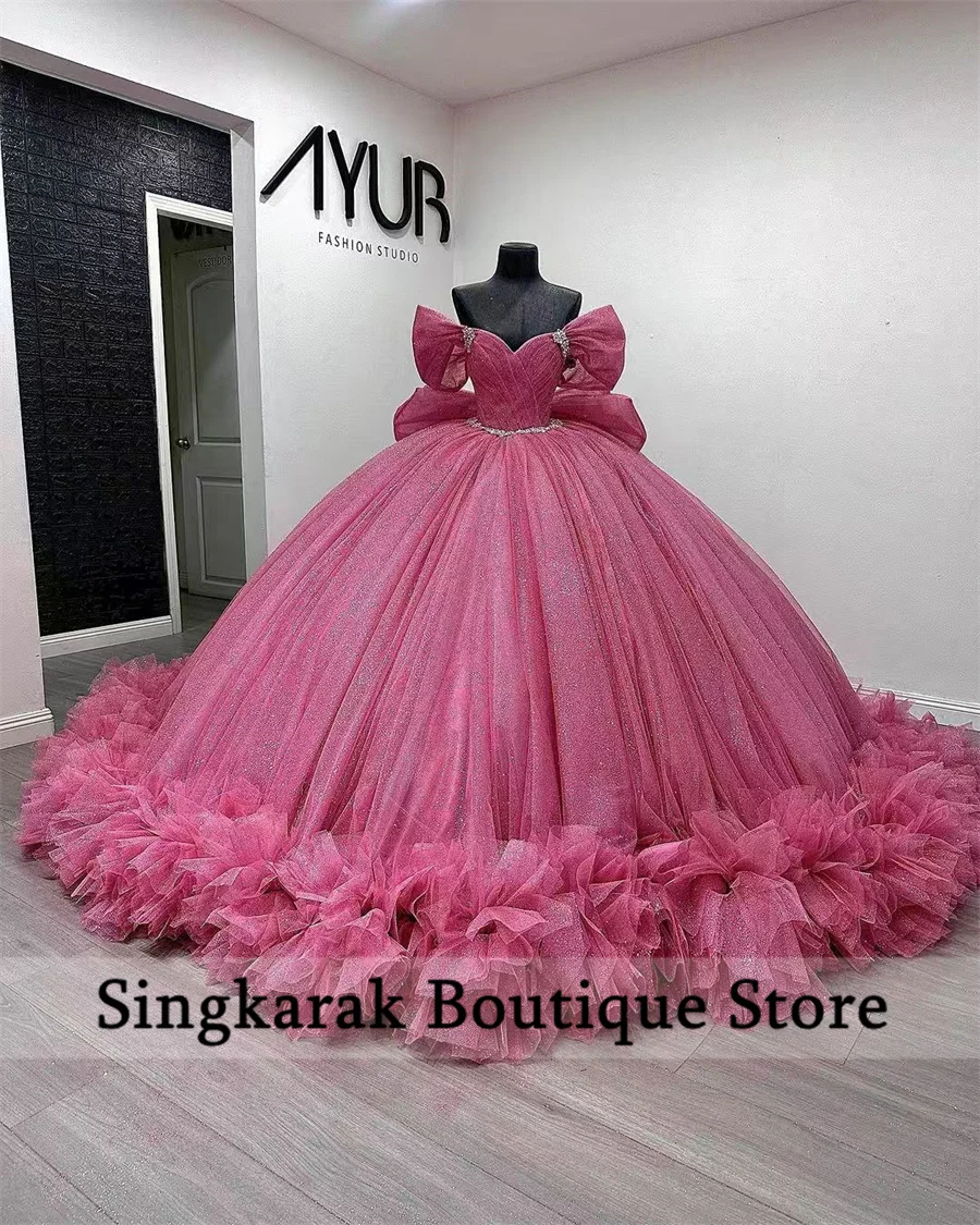 Luxo rosa quinceanera vestido de baile com arco contas cristais miçangas espartilho pageant doce 15 festa em camadas plissado personalizado