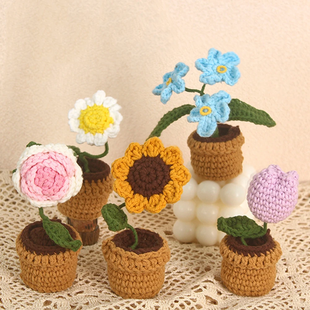 Mini Cute Style DIY Handwoven Simulation Pot Flower Planting Thread Crochet Knitted Finished Home And Garden Decorative Ornament