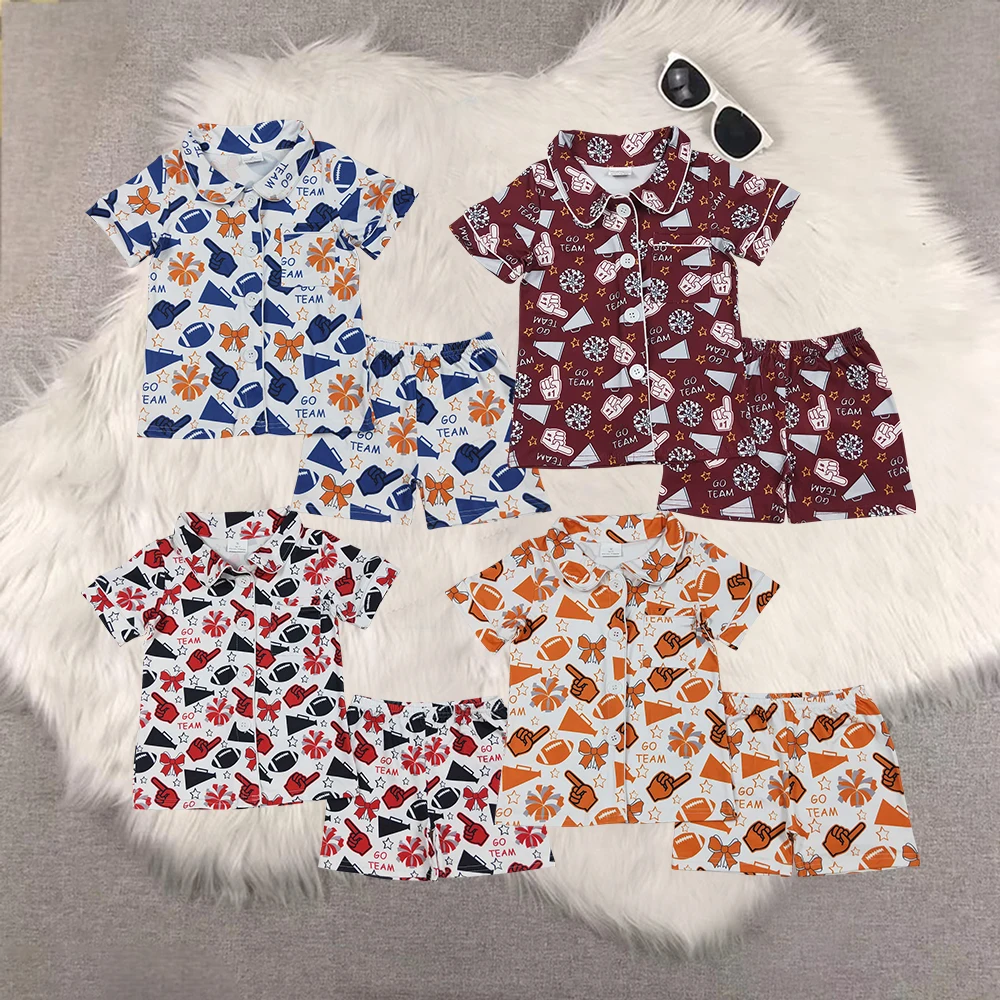 

Sibling Baby Girls Football Team Cheer Pajamas Set Short Sleeve Red Bow Button Top Shorts Comfortable Kids Sleepwear