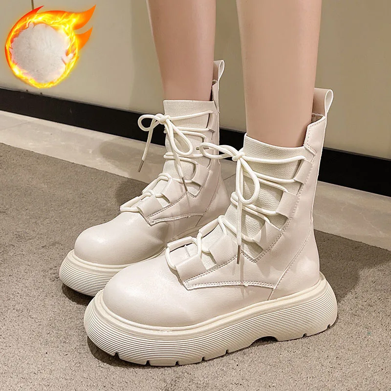 Autumn Chunky Platform Ankle Boots Women New Winter Fleece Warm Motorcycle Boots Female Lace Up Non Slip Leather Combat Boots