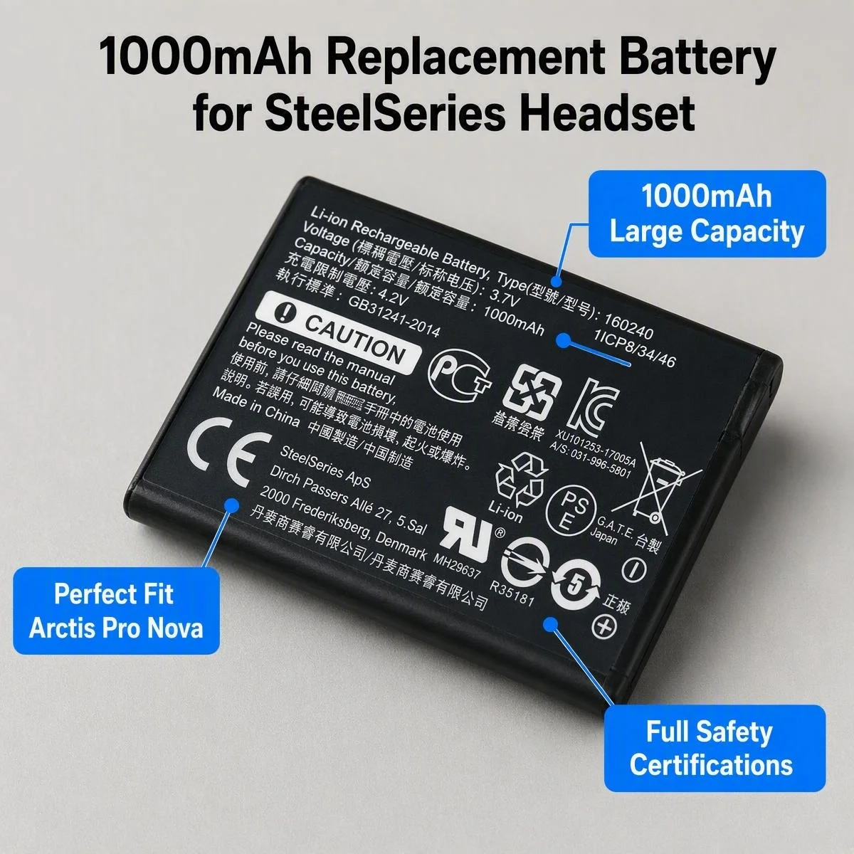 1000mAh 4.2V Battery For SteelSeries Arctis Pro Wireless