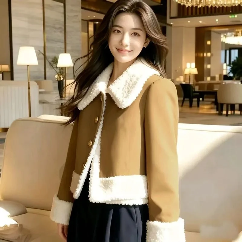 Xiaoxiangfeng Damen-Kurzmantel mit Revers, weibliche Lammwolljacke, 2026, Herbst/Winter, neue, mit Baumwolle gepolsterte Temperament-Kontrast-Overwear