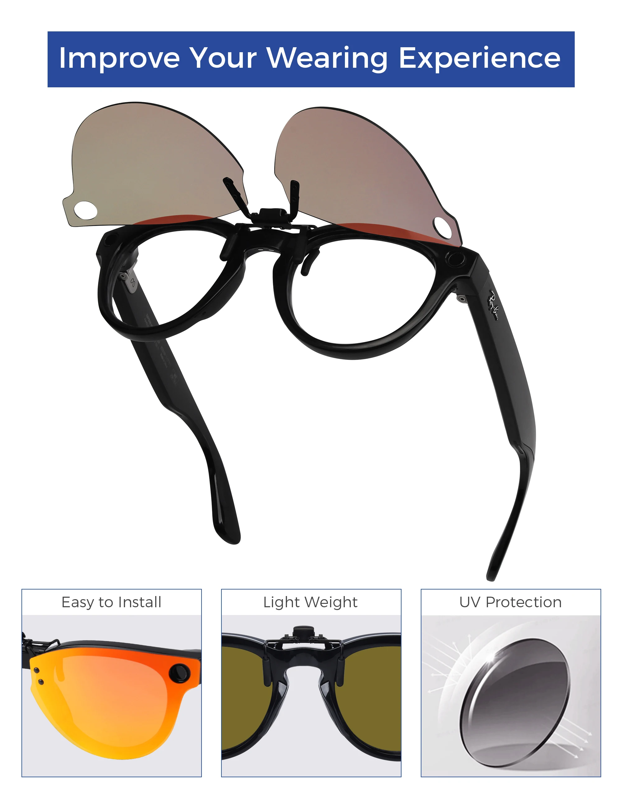 Rarayvix Polarized Flip-up Clip-on Sunglasses Compatible with Ray-Ban Meta Headliner RW4009 50mm for Men Women UV Protection