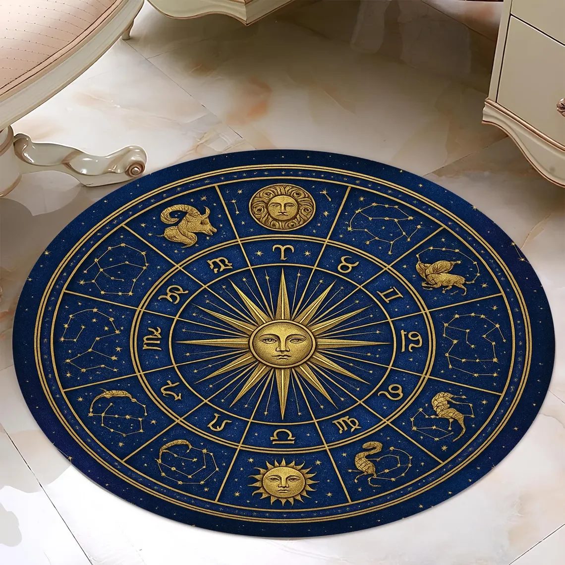Zodiac Rug Gold Sun, Navy Star Chart, Cosmic Rug Living Room Decor Sofa Round Rug Bedroom Rug Lounge Coffee Table Floor Mat