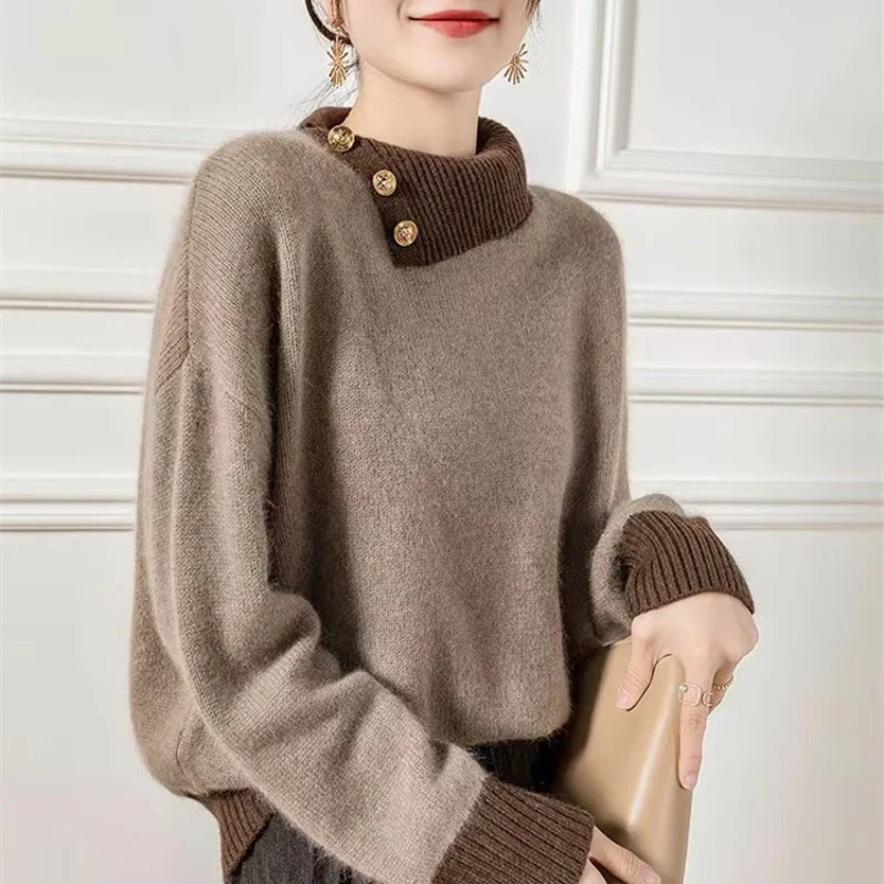 Casual And Chic Turtleneck Color Block Sweater, Loose Fit With Soft And Warm Cashmere Long Sleeve Pullover Top