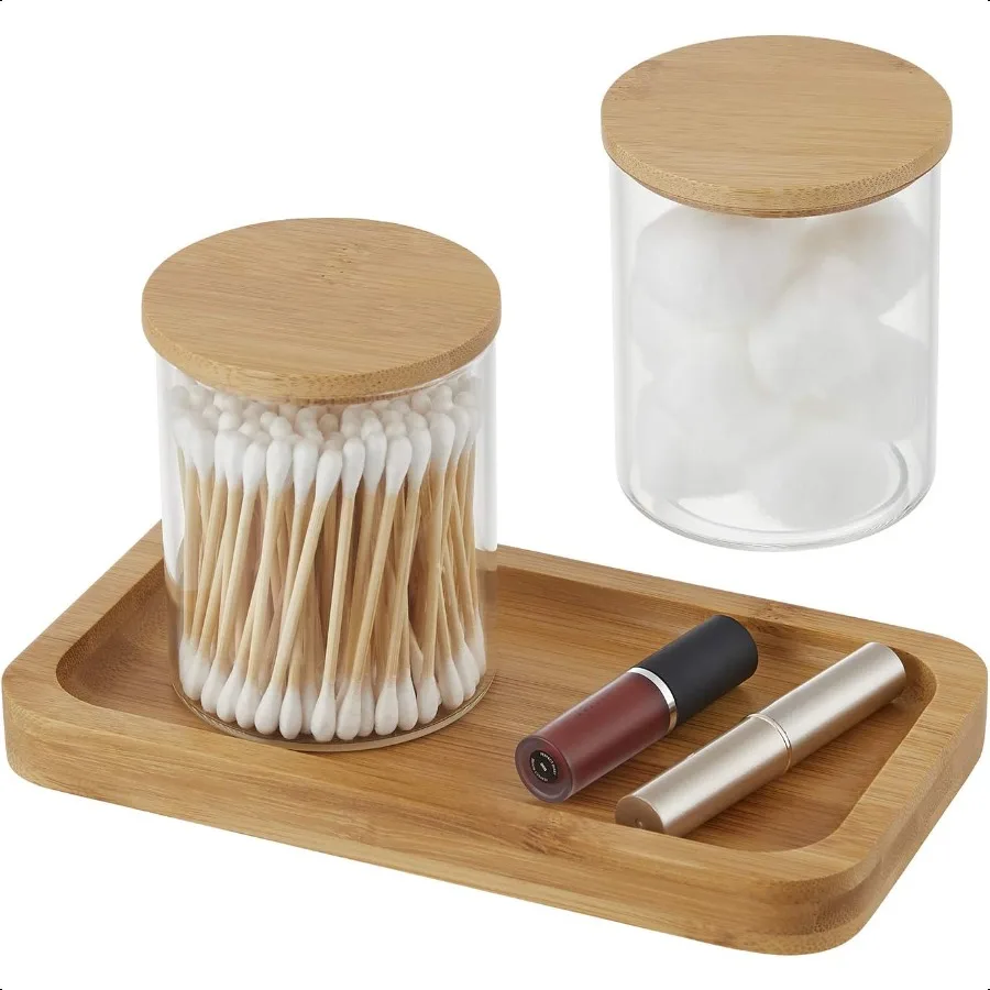 حامل Qtip مع صينية الغرور برطمانات صيدلية زجاجية مع أغطية للحمام كرة قطنية مسحة وسادة حامل مستدير علبة الجرار ل