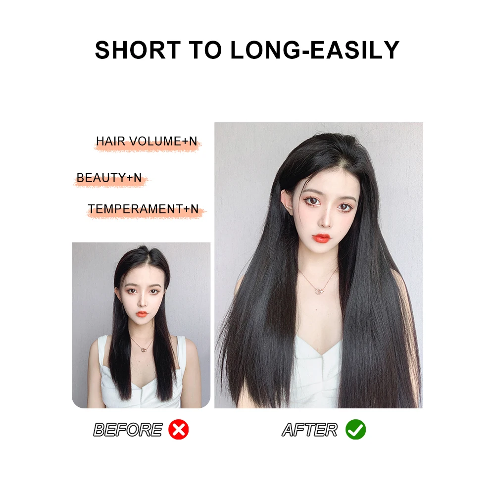 Extensões retas longas sintéticas do cabelo para mulheres asiáticas, grampo em extensões do cabelo, hairpieces macios do brilho, preto