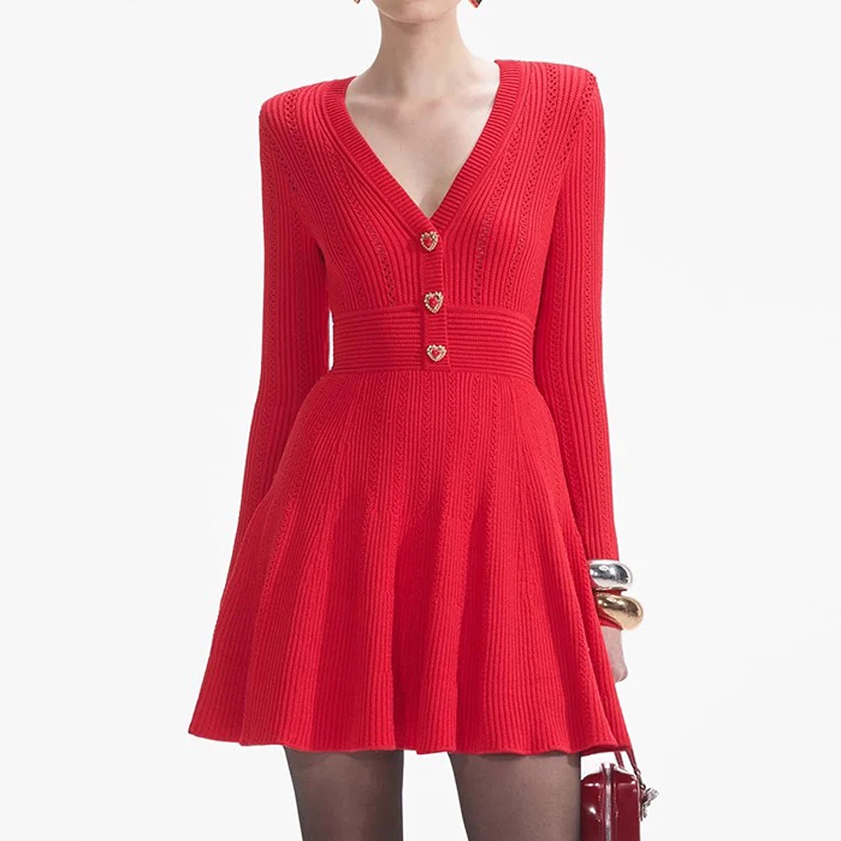 

Spring And Autumn New Fashionable Temperament Elegant Knitted V-Neck Slim Fit Small Gold Buckle Women's Long Sleeved Short Dress