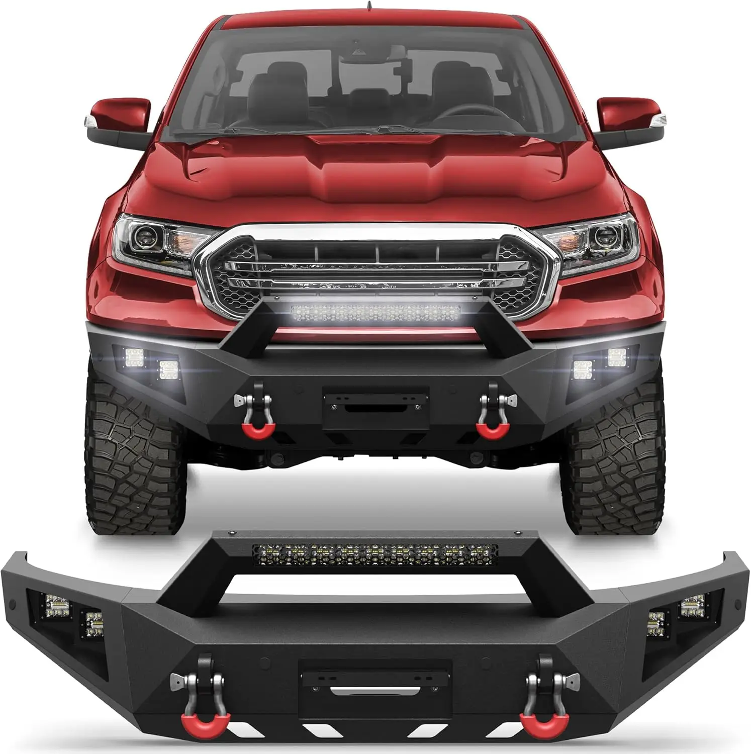 For 2019-2023 Ford Ranger Pickup (Excluding Wildtrak) Front Bumper w/Winch Plate, LED Lights, D-rings and License Plate Bracket