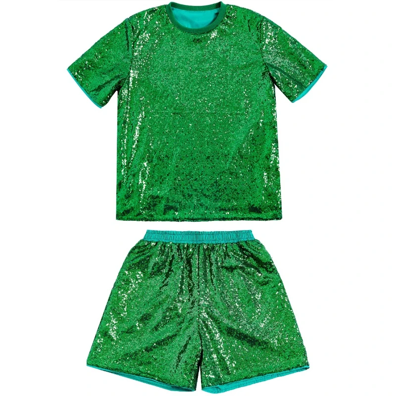 Sparkly Sequin 2‑Piece Set,Short Sleeve T-Shirt & Elastic Shorts,Unisex Shiny Outfit for Dance/Carnival/Stage Performance&Party