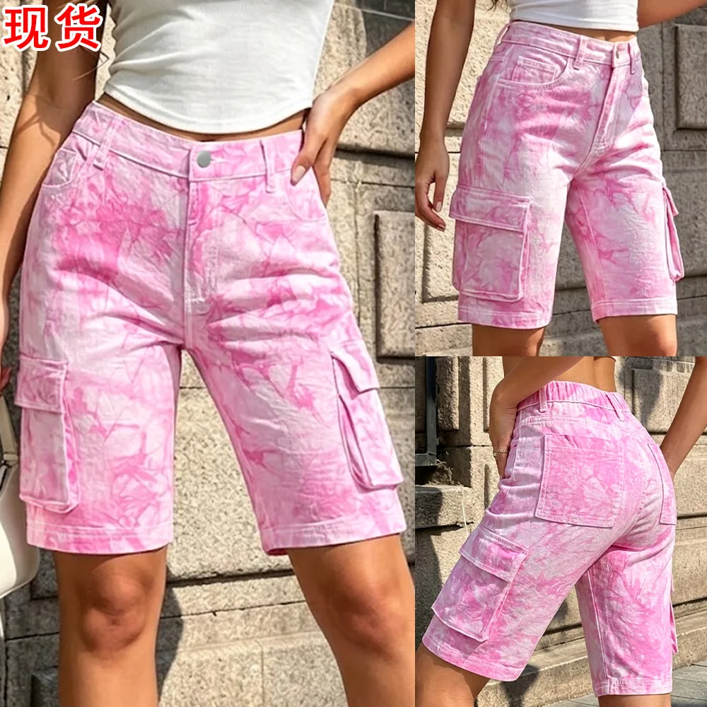 Women's High Waist Pink Tie-dye Cargo Denim Shorts Multi Flap Pockets Straight Knee Shorts Street Casual Pants