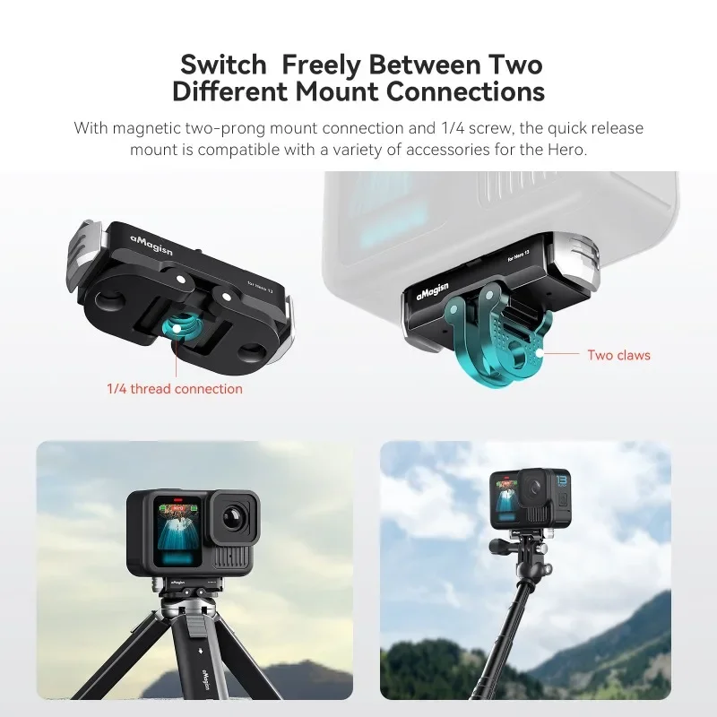 حامل مغناطيسي سريع الإصدار من AMagisn لـ GoPro Hero 13 باللون الأسود، مع فتحة لولبية 1/4 بوصة وحامل ثنائي الشق، ملحقات لـ Gopro 13