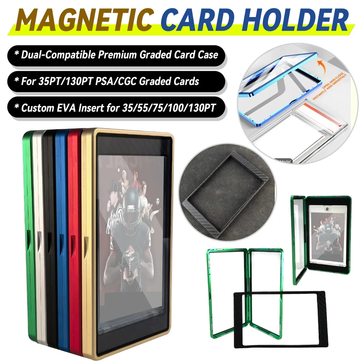 2 in 1 Guard Protector Display Case Aluminum Bumper Sleeve for PSA CGC Graded Sports Trading Card Slab, Magnetic Card Holder