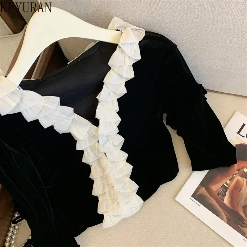 

French Black Velvet Patchwork Lace Blouses Women's Tops Korean Elegant Flare Sleeve V-Neck Office Lady Sweet Shirts Blusa Mujer