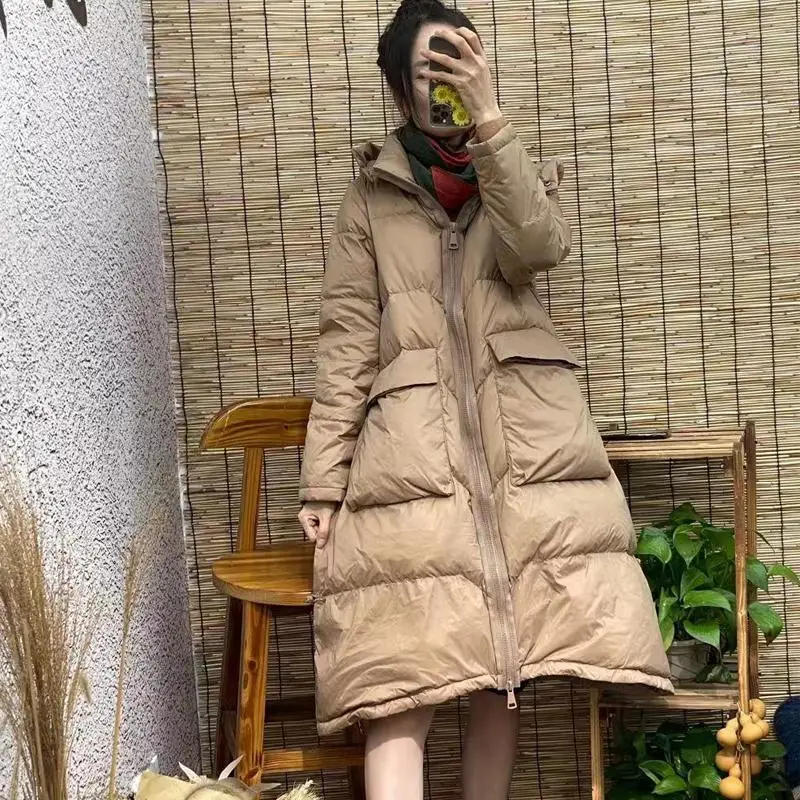 

Оригинальное длинное женское пуховое пальто выше колена Jaet White Du Feather на молнии, зимнее пальто для поездок на работу, прямой крой, обычное