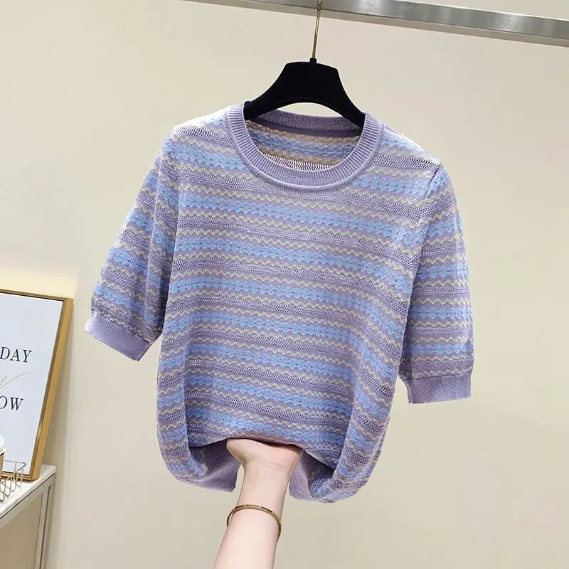 Korean Simple Loose V-Neck Pullover Ice Silk Short Sleeve T-shirt Women Summer Hollow Thin Contrast Screw Thread Button Knit Top