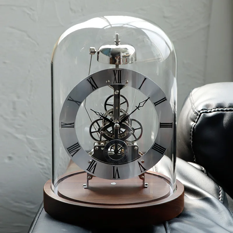 Black Walnut Solid Wood Base Voice Controlled LED Luminous Lamp Base Clock: Perspective Mechanical Movement Table Clock