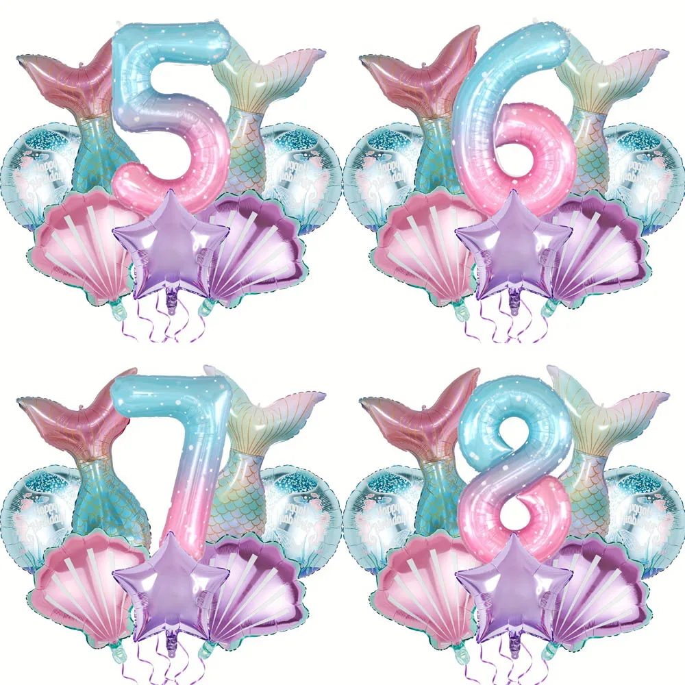 1 Set Meerjungfrauenschwanz-Ballons Muschel-Meerjungfrau-Folienballons Farbverlauf-Zahlenballons für Kinder Mädchen 1.-9. Geburtstag Partydekoration