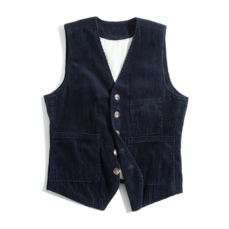 

Spring & Autumn Retro Corduroy Vest Workwear Style Pocket Panel Solid Color Single-Breasted British Jacket Sleeveless