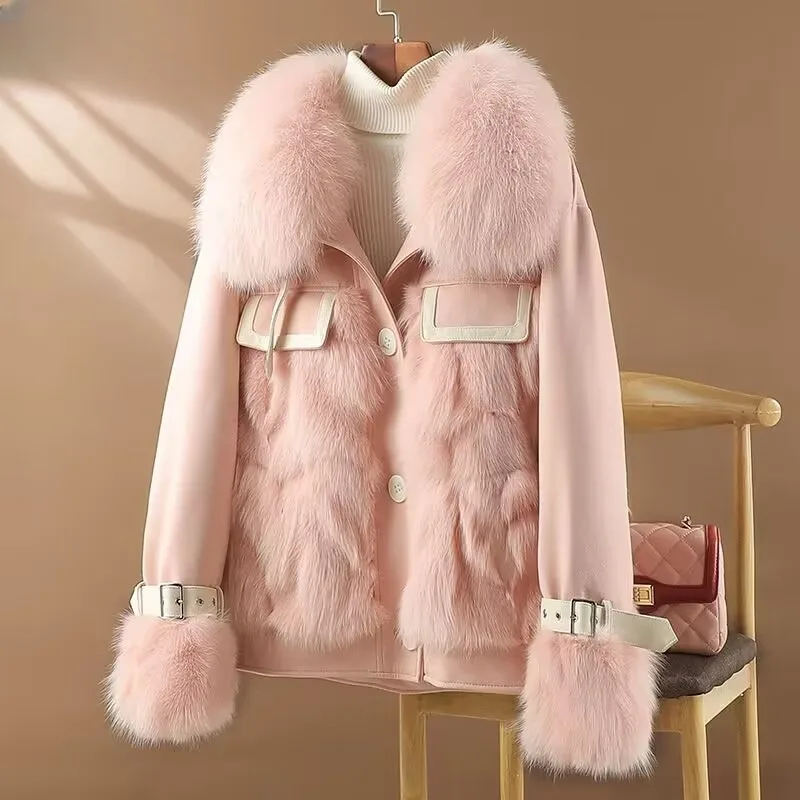 2023 Winter New Women Faux Fur Coat Fashion Patchwork Thicken Warm Short Outwear Female Temperament Leisure Solid Color Outcoat