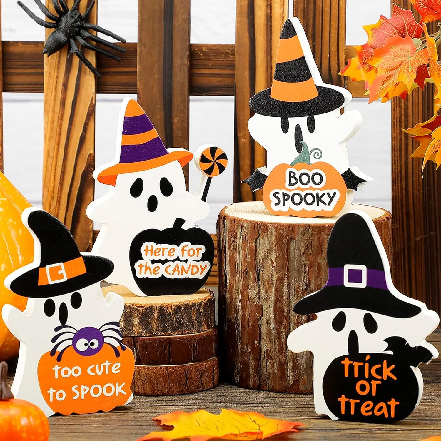 4 Pieces Halloween Decor Halloween Tiered Tray Decorations Tabletop Wooden Ghost Theme