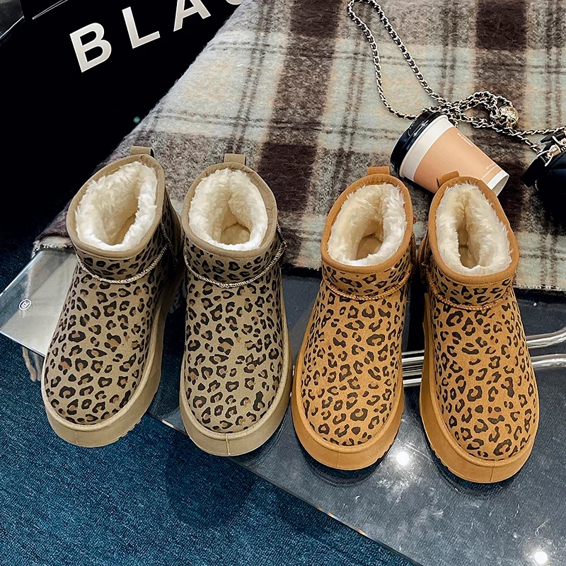 Platform Snow Ankle Boots Leopard Women Warm Cotton Shoes New Fashion Winter Casual Flats Shoes 2024 Trend Suede Plush Botas