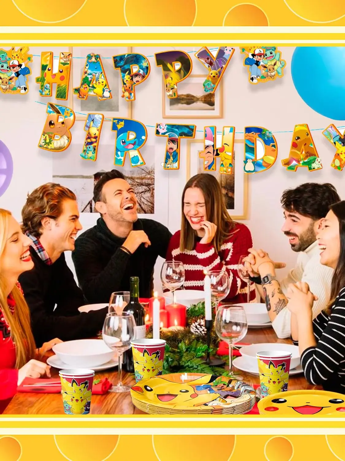 114-teiliges Pokemon-Partygeschirr-Set – Pokemon-Party-Tischdecke, Banner, Teller, Servietten, Becher usw. Pokemon-Geburtstagsparty-Geschirr für Pikachu-Geburtstagsparty-Dekorationen