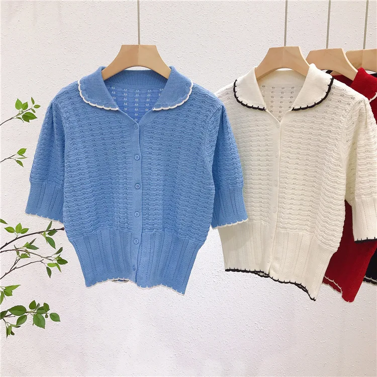 

3270 Cinnabar Red~ Summer French Hollow Out Collar Color-Block Waist-Slimming Knitted Short Sleeve T-Shirt For Women