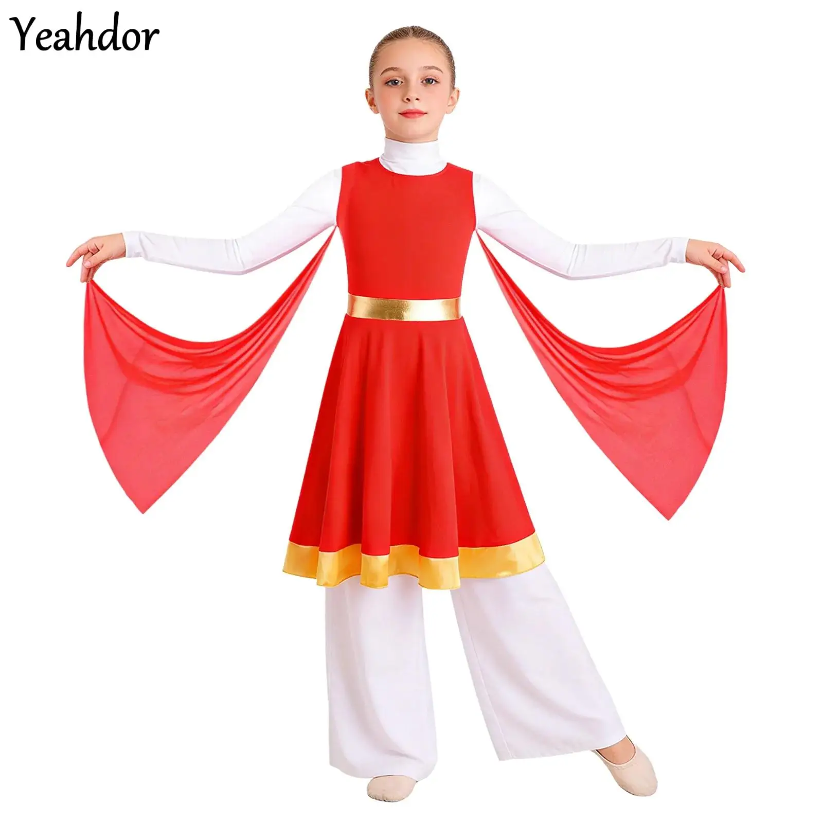 

Kids Girls Liturgical Worship Praise Dance Tunic Dress Metallic Waist Contrast Color Hem Contemporary Ballet Lyrical Dance Dress