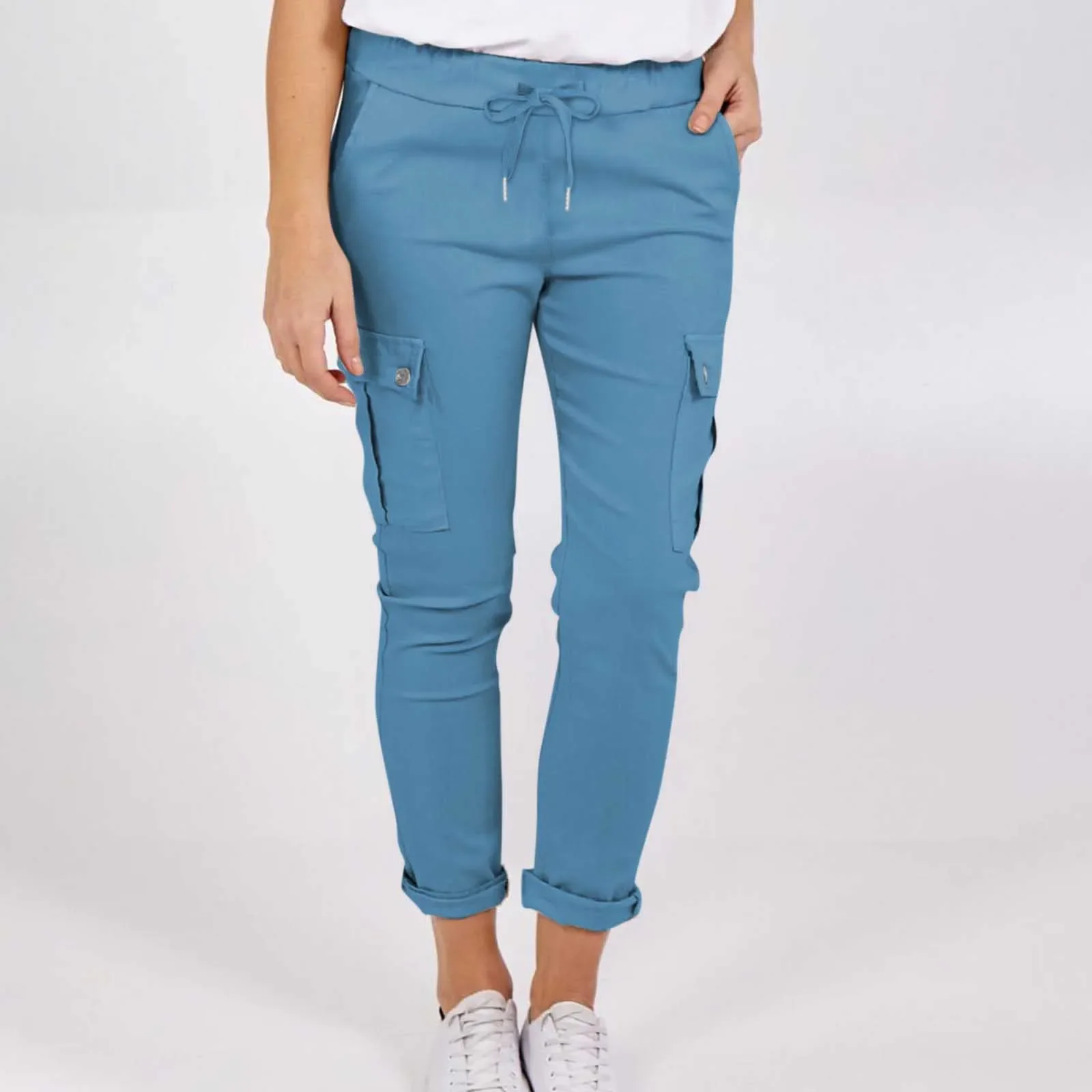 Casual Ladies Pants for Women High-waisted Cargo Pants Women Drawstring Elastic-waist Pants with Multiple Pockets Solid Trousers