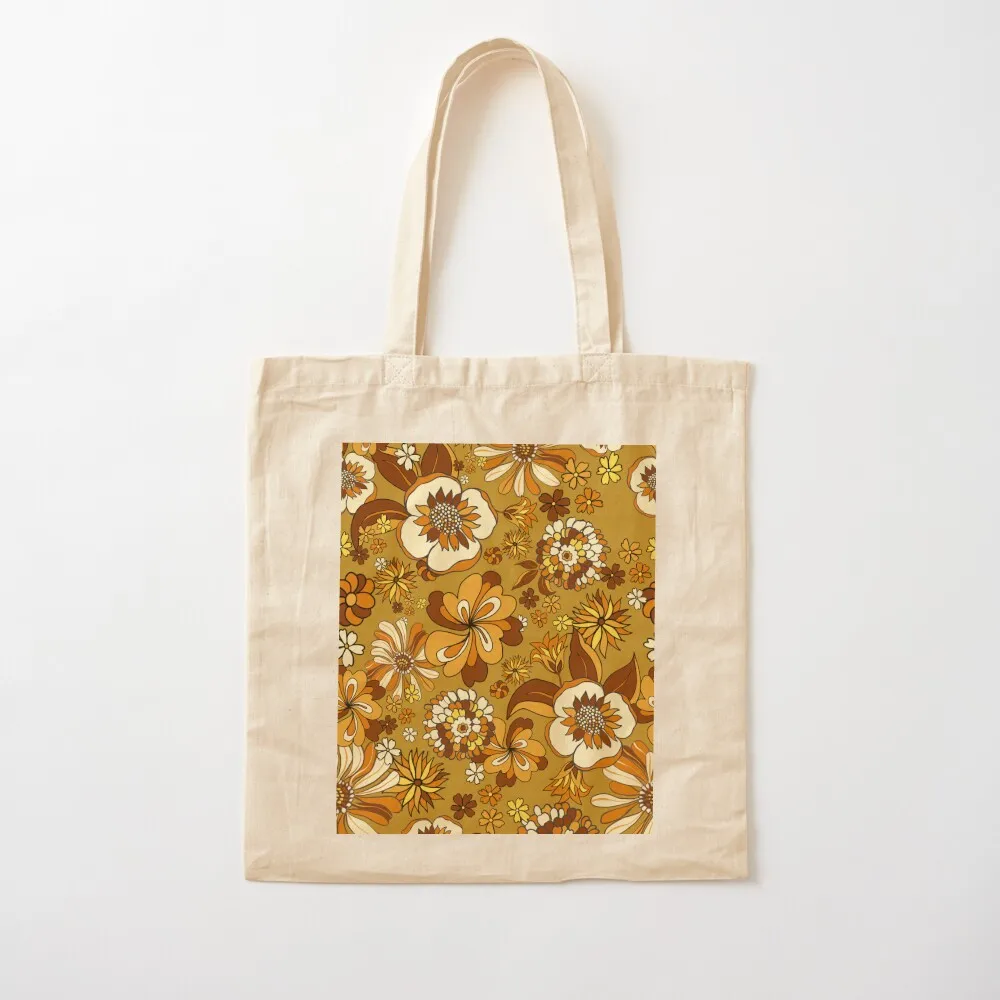 70s خمر زهرة قوة نمط الأزهار، البرتقال، الخردل، الأصفر حمل حقيبة قابلة لإعادة الاستخدام حقيبة تسوق حقائب النساء الفاخرة