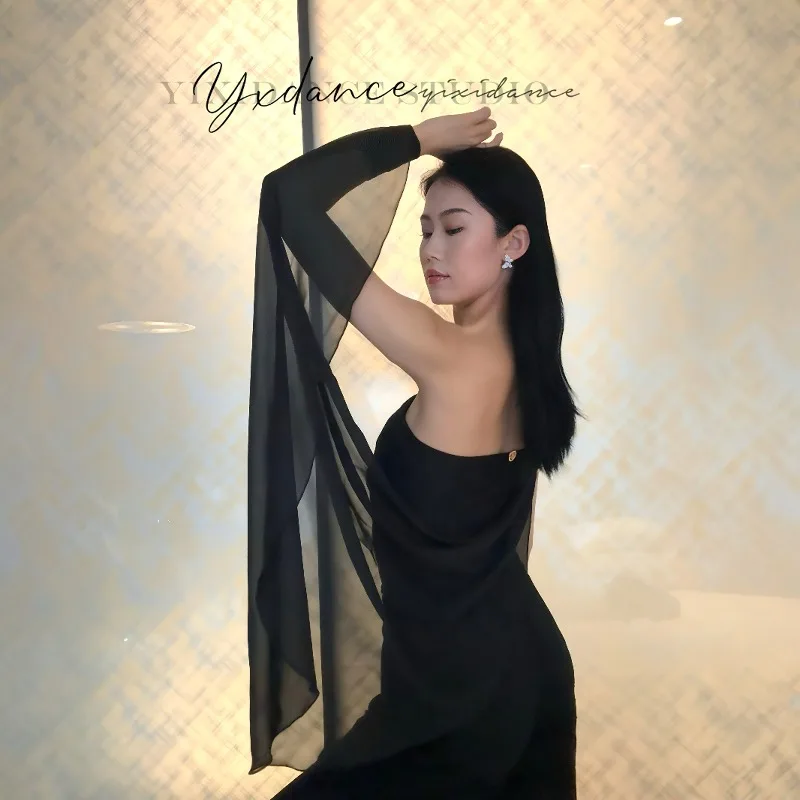 Vestido de baile latino moderno personalizado, vestido de práctica, ropa de clase de rendimiento, Top de hilo revoloteador con hombros inclinados para adultos