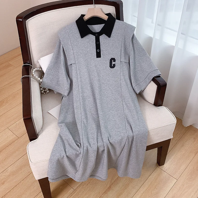 160Kg Plus Size Women\'s Bust 170 Summer Loose POLO Collar Short Sleeved Embroidered Dress Black Gray 7XL 8XL 9XL 10XL 11XL