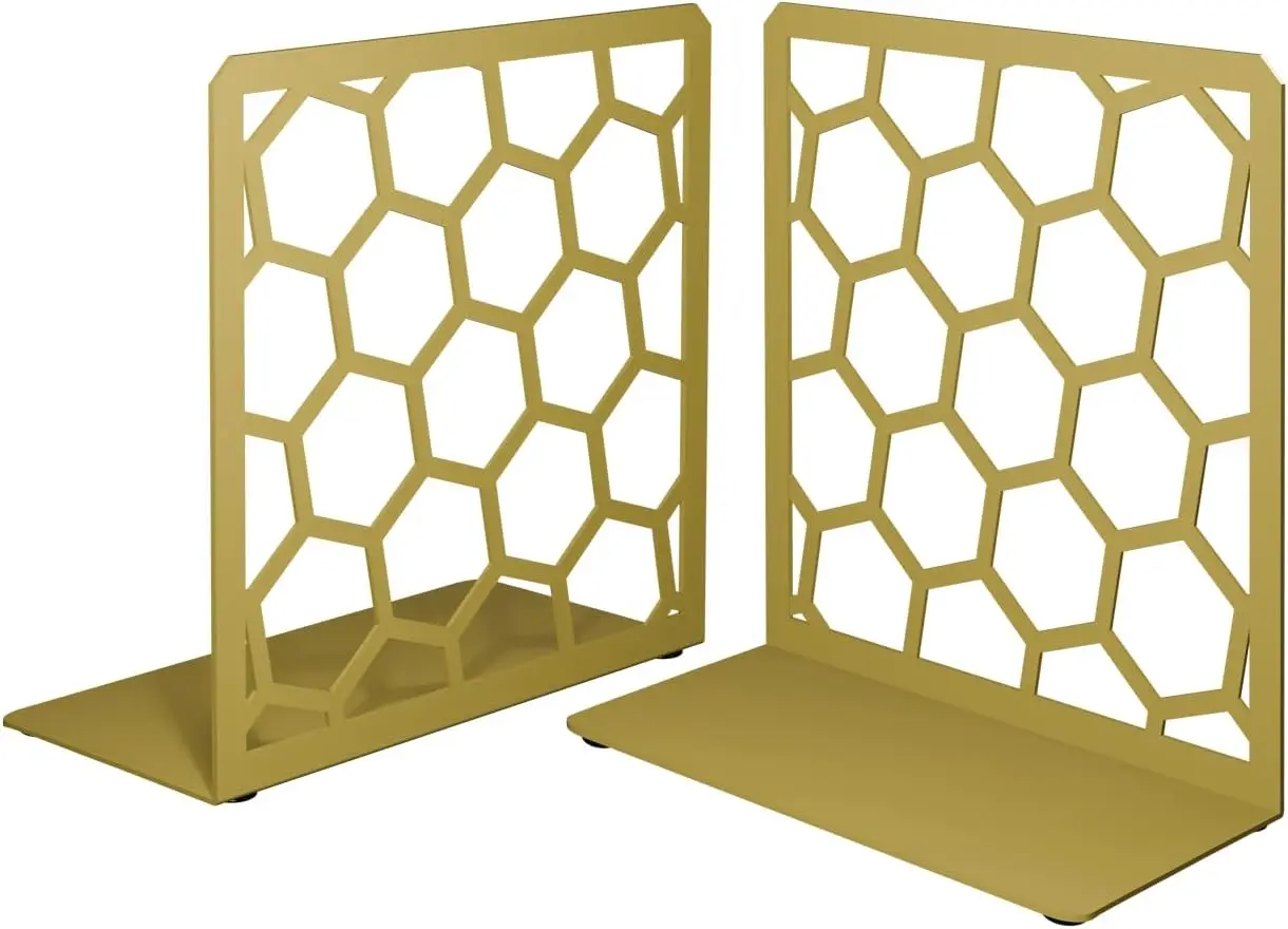 

Geometric Honeycomb Gold Metal Bookends, Heavy Duty Book Stopper for Shelves, Modern Decorative Book Holder for Home Office