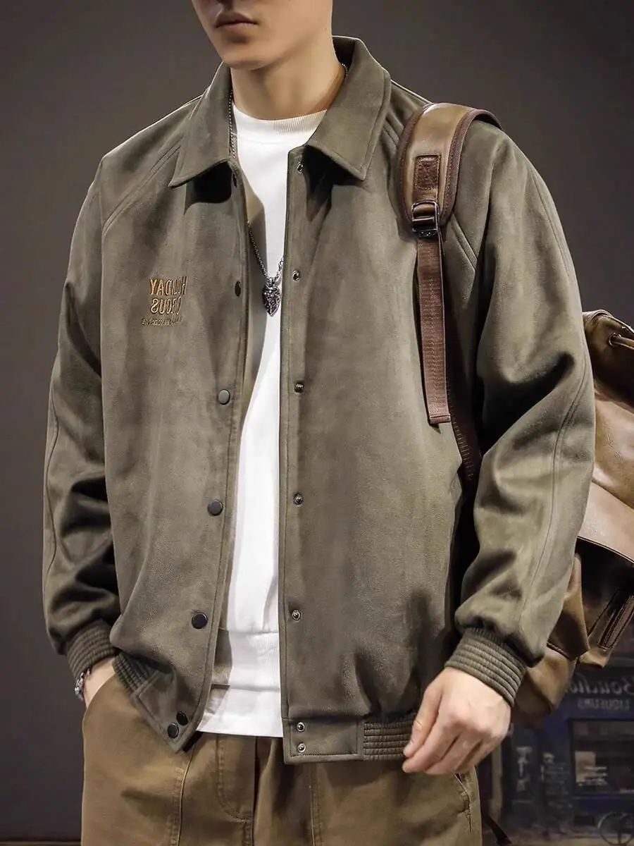 Man Women Coat Cardigan Autumn Winter Men's Jacket Grey Green Suede Coat Lapel Loose Varsity Jacket