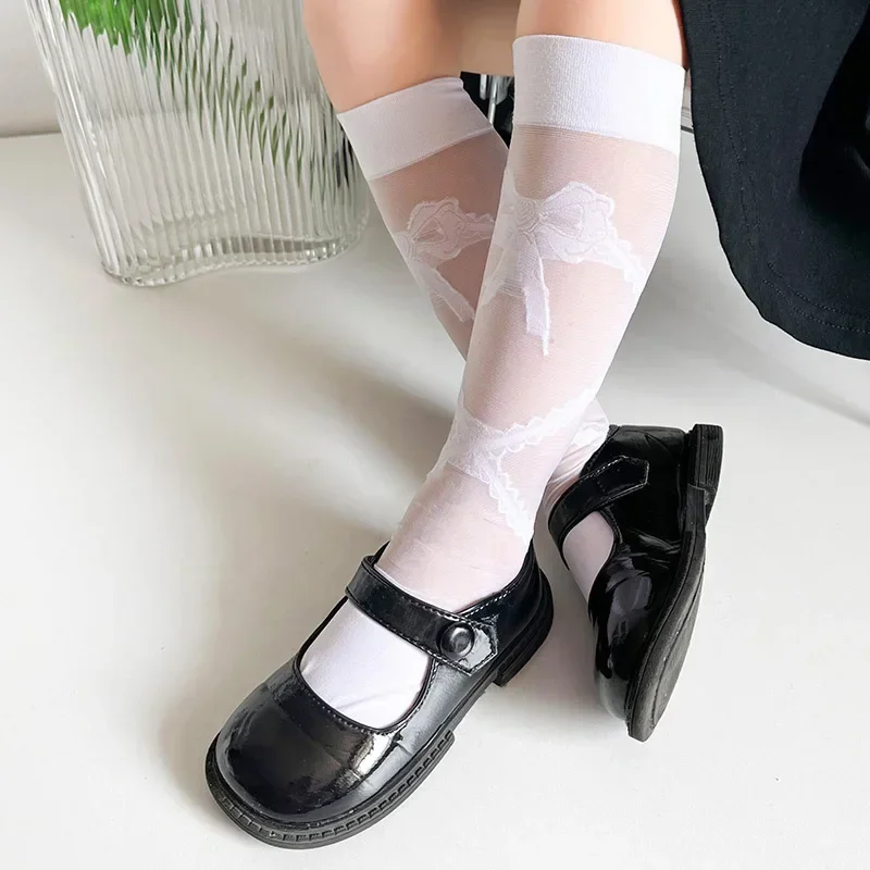 1 Pair Kids Girl Silk Sock Fashion Heart Bowknot Calf Sock for Children Girl Summer JK Thin Soft Breathable Little Girl Sock