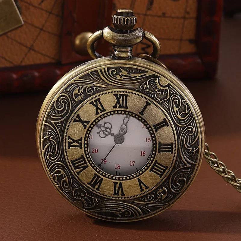 Bronze Vintage Hollow Pocket Watch Roman Numerals Quartz Movement With Chain Steampunk Retro Pendant Watch For Men Women