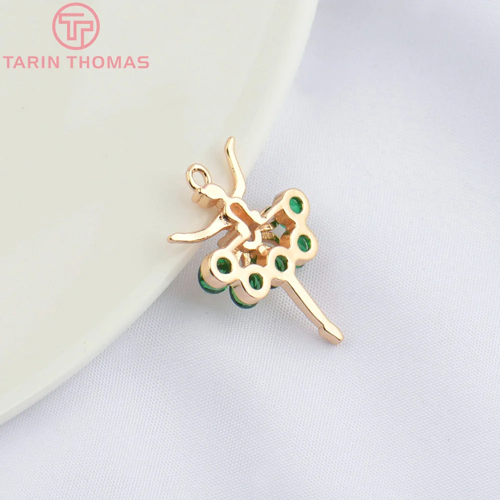 (4858) 10PCS 14.5x21MM 24K Champagne Gold Color Brass with Zircon Ballet Girl Pendants High Quality Jewelry Making Findings