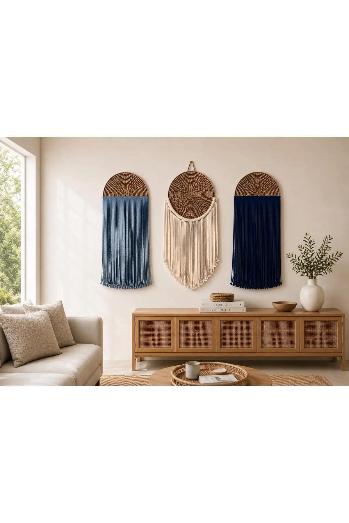 3 Piece Woven Placemat Set with Macrame Wall Hanging Petrol Blue Ecru Navy Blue Bohemian Decor Straw & Macrame 33 x 70