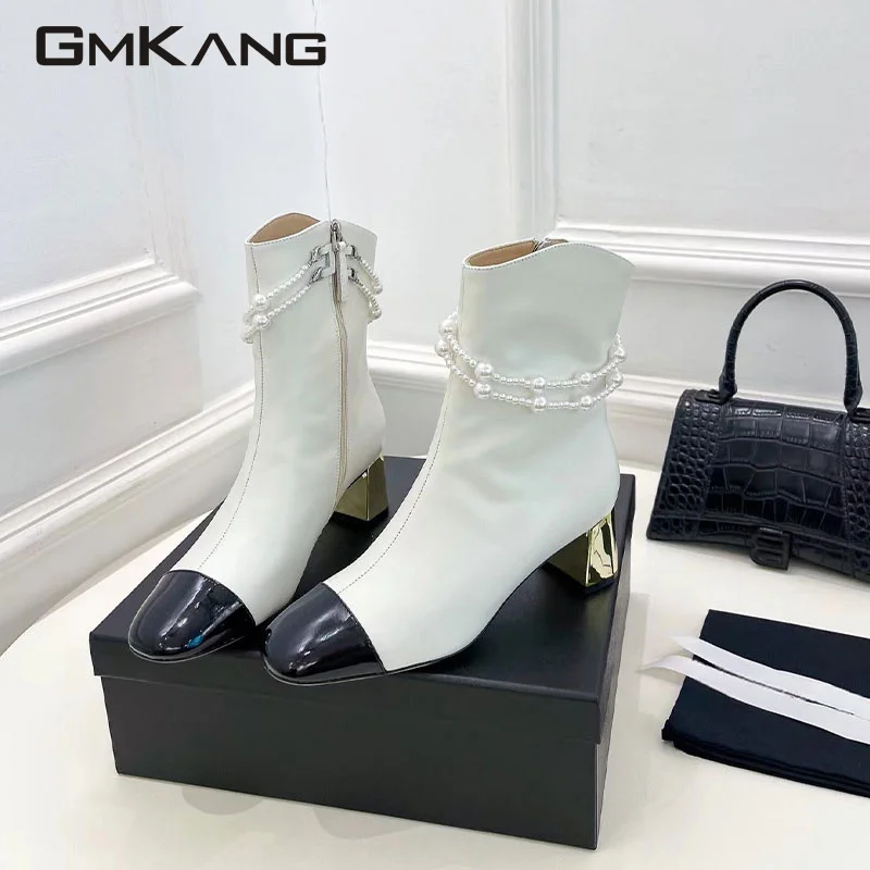 

Winter Hot Sale Chunky Heel Chelsea Boots Crystal Beading Strap Chain Leather Motorcycle Bottes Luxury Brand Ankle Botas Mujer