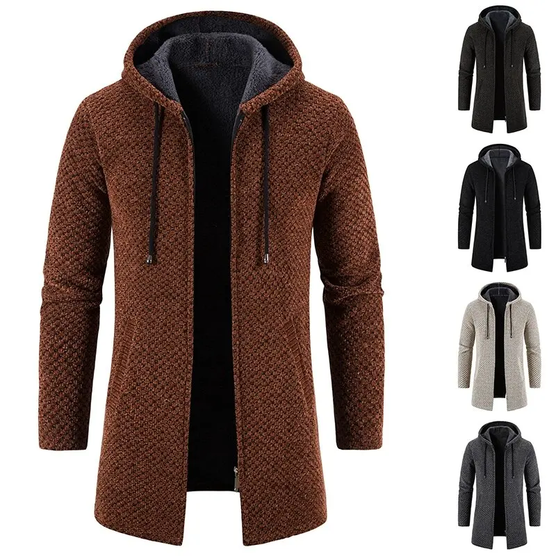 

Men's Knitted Cardigan Coat Thiened Fce Winter Autumn Long Jaet Loose Casual Hooded Zipper Closure Polyester Fiber