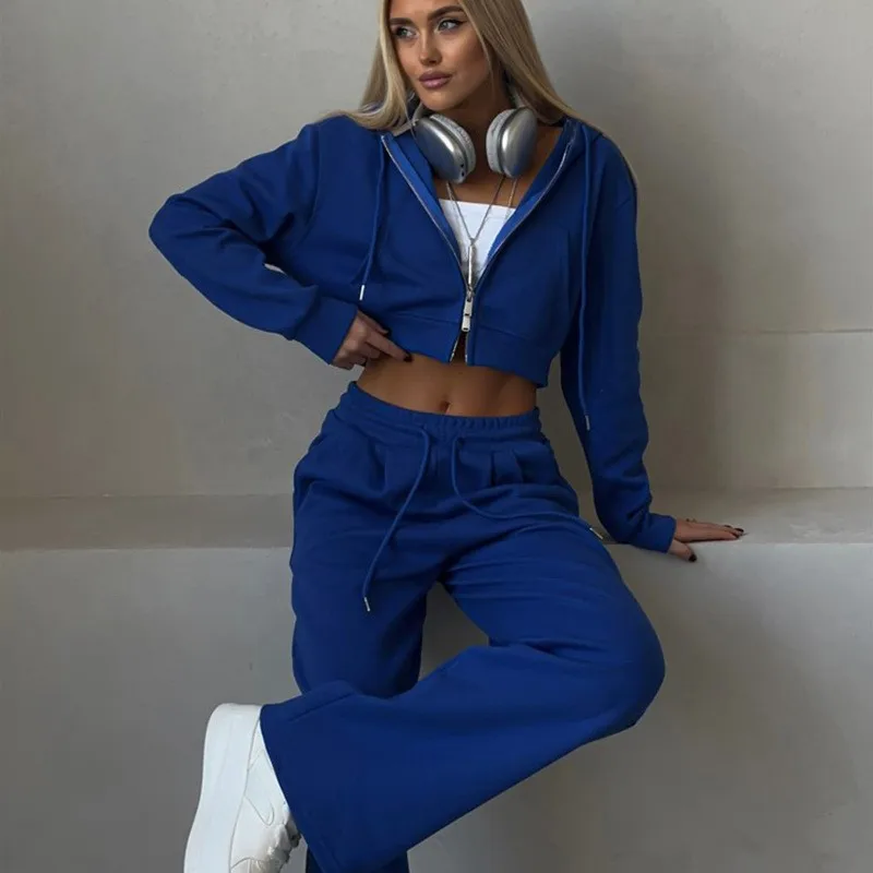 

2025 Autumn Women's Solid Color Cropped Hooded Zip-Up Cardigan Drawstring Joggers Two-Piece Casual Set Trendy Crop Top Outfit