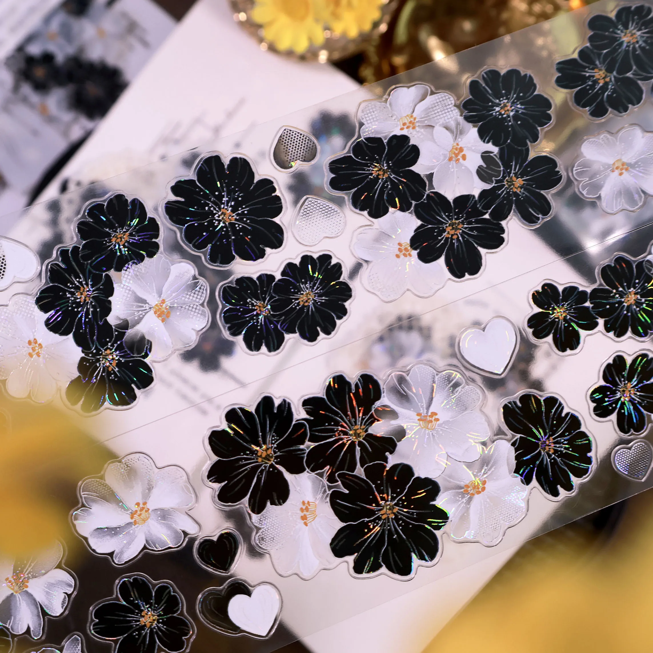 Flower Washi Pet Tape Black White Shell Shiny Hot Stamping Pre-cut For Journal DIY Scrapbooking Sticker