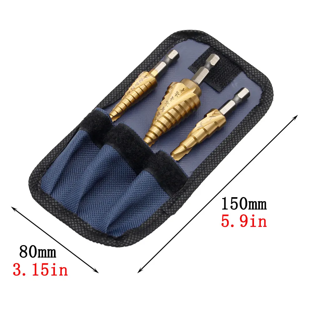 مجموعة ثقب مثقاب متدرج مطلي بالتيتانيوم ، مقبض سداسي ، أخدود حلزوني ، صغير ، نظام باغودا ، نظام بريطاني ، 3 #3