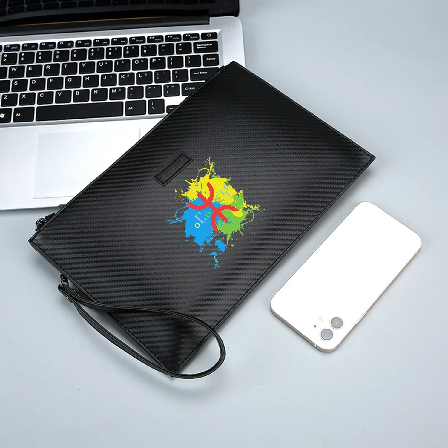 Simbolo rosso astratto schizzo di inchiostro colore Elegante borsa da uomo in PU stampata Alla moda e pratica per il trasporto quotidiano