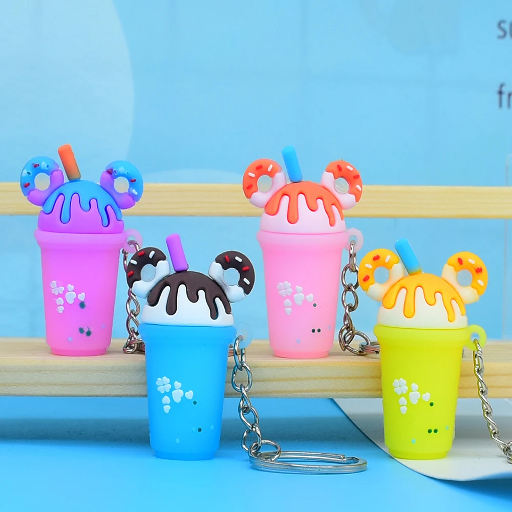 Cute Cartoon Ice Cream Straw Milk-tea Cup Keychains Candy Donut Chocolate Popsicle Key Ring for Women Girls Car Handbag Pendant