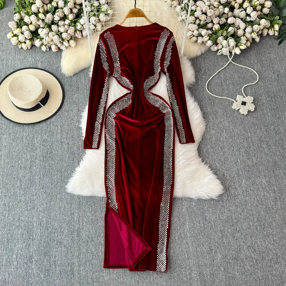 Elegant Long Sleeves Vintage O-neck Chic Rhinestone Velvet Slim Split Pencil Dresses Evening High Street Autumn Winter Clothing