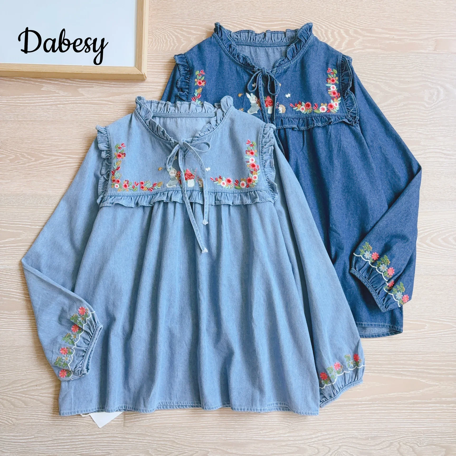 Vintage Embroidery French Denim Shirt for Women Autumn Lace-up Stand Collar Long-Sleeved Blouses Female Casual Top Ropa De Mujer